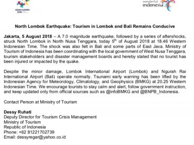 NORTH LOMBOK EARTHQUAKE: TOURISM IN LOMBOK AND BALI REMAINS CONDUCIVE